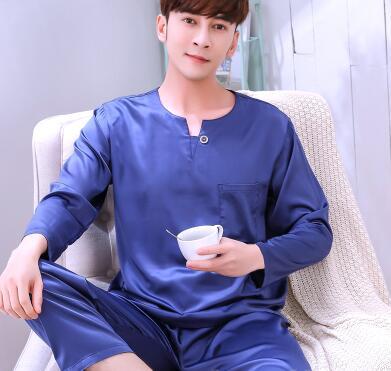 Men's Pajamas Spring Autumn Long Sleeves Ice Silk Home Suit Male Youth Top and Trousers 2 Pcs Set Sleepwear Soft Nightgown H5605