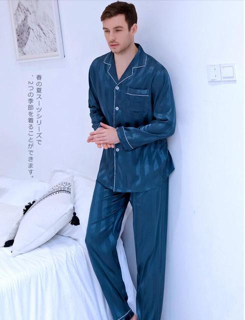 Men's Plus Size Long-sleeved Nightgown Ice Silk Satin Suit Household Clothes Students Leisure Youth All Seasons Sleepwear J031