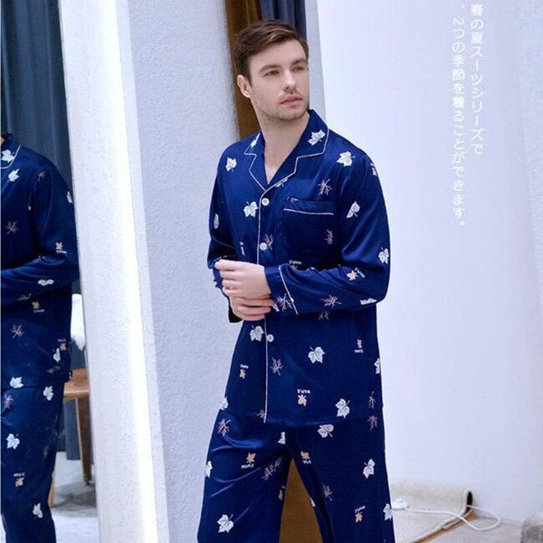 Men's Modern Style Silk Nightgown Leisure Plus Size Home Suit Ice Silk Leisure Youth Pajamas Long Sleeved New Home Clothes J017
