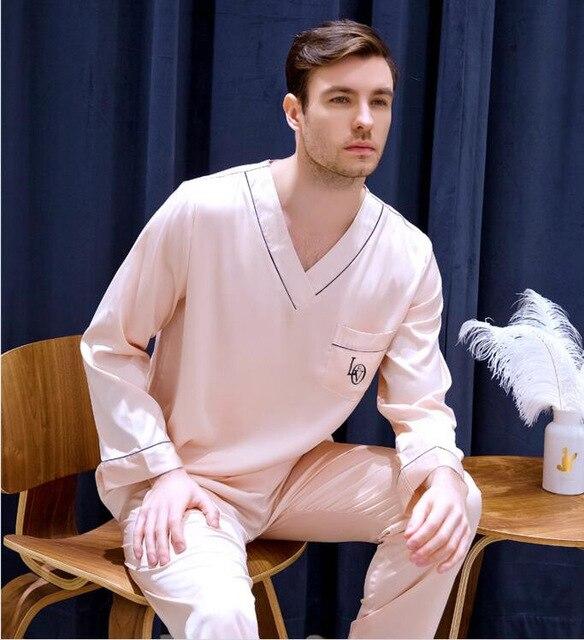 Men's Ice Silk Satin homewear Long Sleeved V Collar Set All Seasons Home Clothes Students Leisure Youth Plus Size Nightgown J035