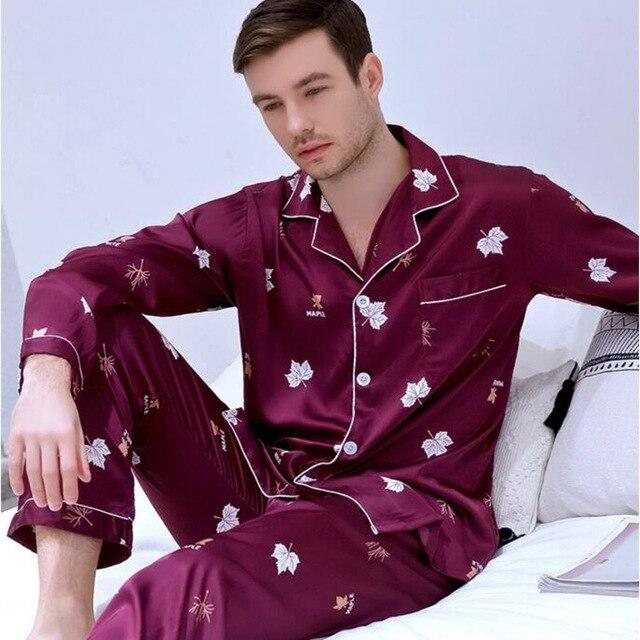 Men's Modern Style Silk Nightgown Leisure Plus Size Home Suit Ice Silk Leisure Youth Pajamas Long Sleeved New Home Clothes J017