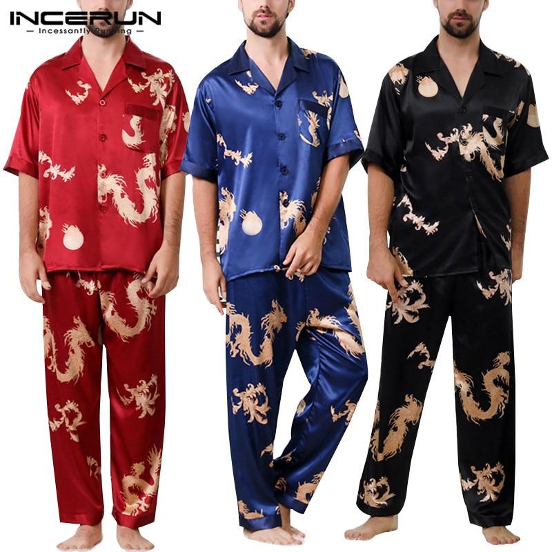 INCERUN Men Pajamas Set Print Nightgown Loose Short Sleeve Tops Long Pants Silk Satin Men Loungewear Ladies Sleepwear Sets 2019