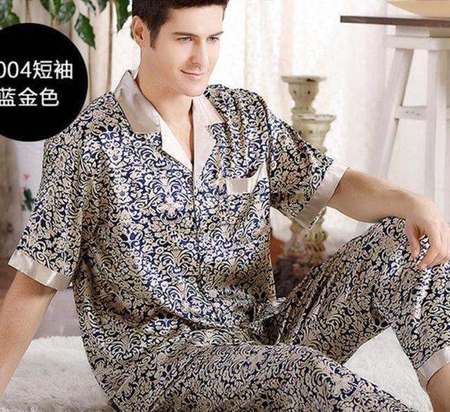 Summer Mens Pajamas Set Silk Pajamas for Men Sleepwear Nightgown Home Stian Soft Cozy Thin Short Sleeve Tops + Pants Bts Pajamas