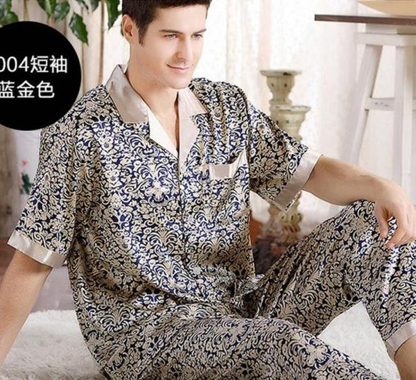 Summer Mens Pajamas Set Silk Pajamas for Men Sleepwear Nightgown Home Stian Soft Cozy Thin Short Sleeve Tops + Pants Bts Pajamas