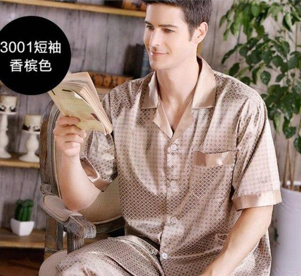 Summer Mens Pajamas Set Silk Pajamas for Men Sleepwear Nightgown Home Stian Soft Cozy Thin Short Sleeve Tops + Pants Bts Pajamas