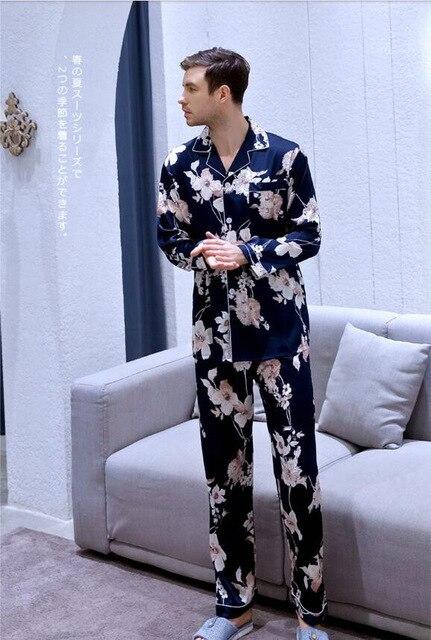 Men's Long Sleeved Suit Set Home Clothes Ice Silk Satin Leisure Youth Sleepwear Students Modern Style Plus Size Nightgown J043