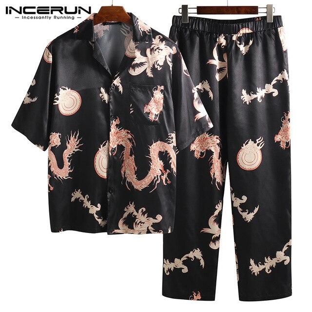 INCERUN Summer Fashion Men Pajamas Set Print Silk Satin Short Sleeve Tops Pants Loose Comfy Men Nightgown Sleepwear Sets 2019