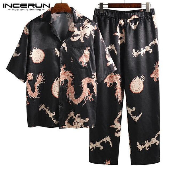 INCERUN Summer Fashion Men Pajamas Set Print Silk Satin Short Sleeve Tops Pants Loose Comfy Men Nightgown Sleepwear Sets 2019