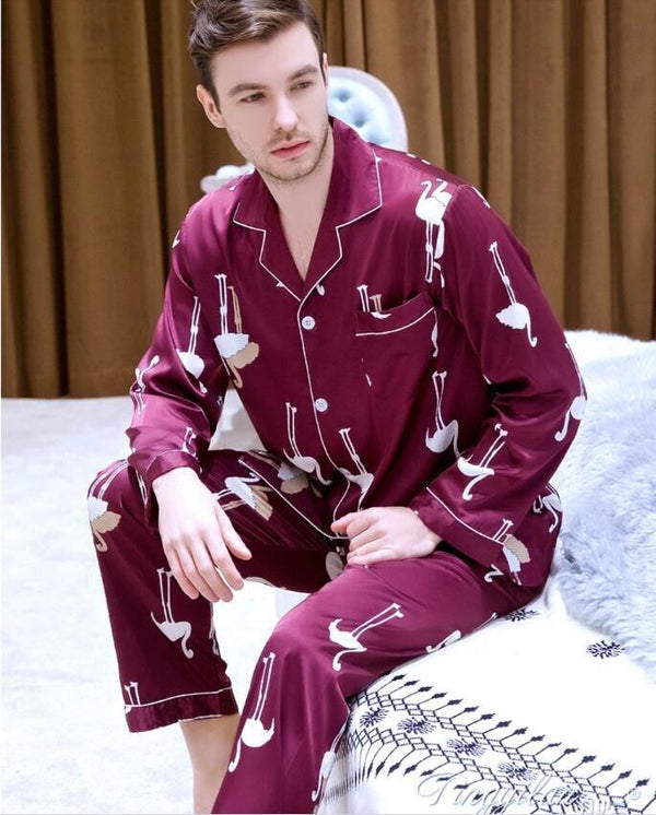 Men's Long Sleeved Suit Homewear Plus Size Ice Silk Satin Nightgown Students Leisure All Seasons Youth Household Clothes J037
