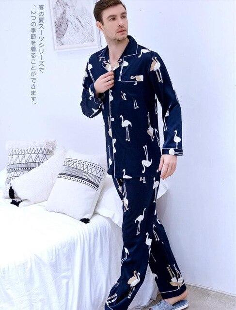 Men's Long Sleeved Suit Homewear Plus Size Ice Silk Satin Nightgown Students Leisure All Seasons Youth Household Clothes J037