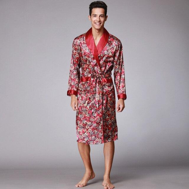 Mens Silk Satin Pajamas Adult Faux Silk Sleep Robe Pyjamas PJS Sleepwear Robe Nightgown Loose Nightwear Home Suit  B-6753