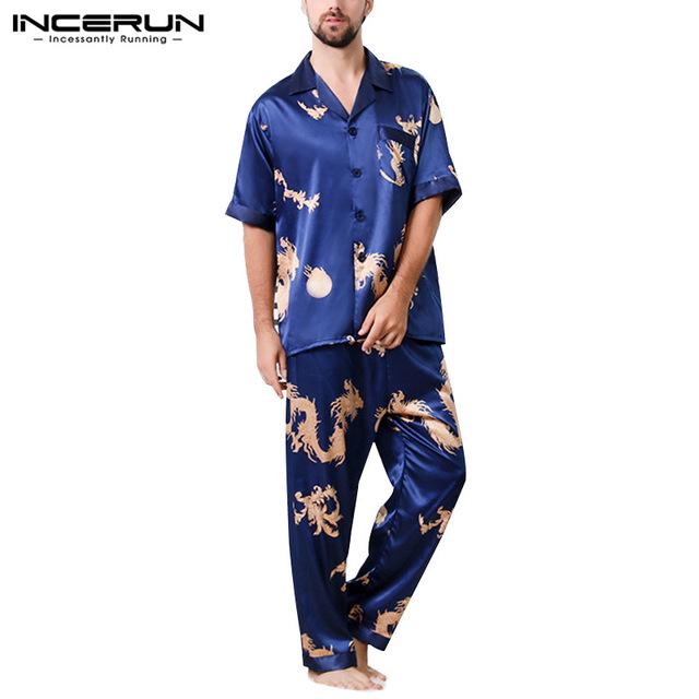 INCERUN Men Pajamas Set Print Nightgown Loose Short Sleeve Tops Long Pants Silk Satin Men Loungewear Ladies Sleepwear Sets 2019