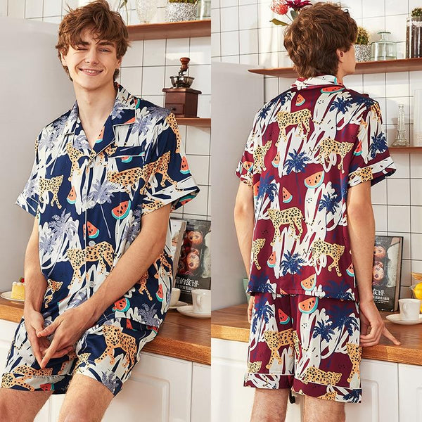 Summer Mens Animal Silk Pajama Set Pajamas Short Sleeve+Shorts Men Sleepwear Fashion Style Silk Nightgown Home Male Satin Soft