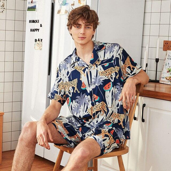 Summer Mens Animal Silk Pajama Set Pajamas Short Sleeve+Shorts Men Sleepwear Fashion Style Silk Nightgown Home Male Satin Soft