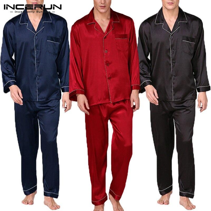 INCERUN Satin Silk Men Pajamas Set Soft Full Sleeve Pants Sexy Sleepwear Modern Style Cozy Satin Men Pajamas Set Silk Nightgown
