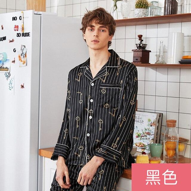 Men's Homewear New Long Sleeved Nightgown Ice Thin Silk Satin Leisure Household Clothes Students Suit Set Youth Sleepwear J065