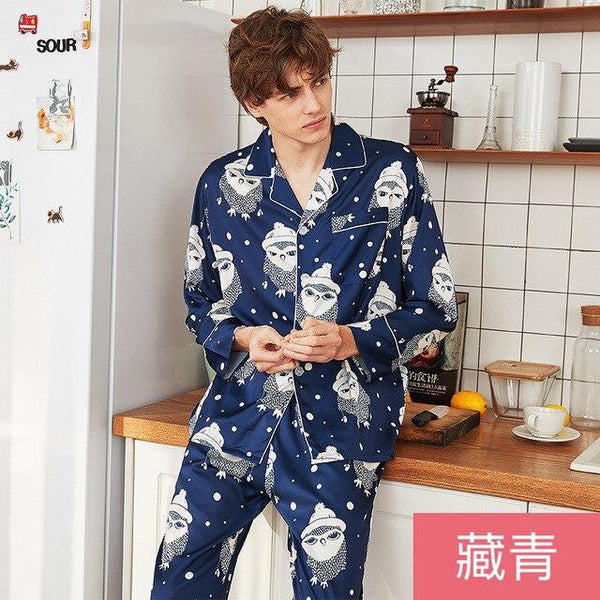 Men's Homewear New Long Sleeved Nightgown Ice Thin Silk Satin Leisure Household Clothes Students Suit Set Youth Sleepwear J065
