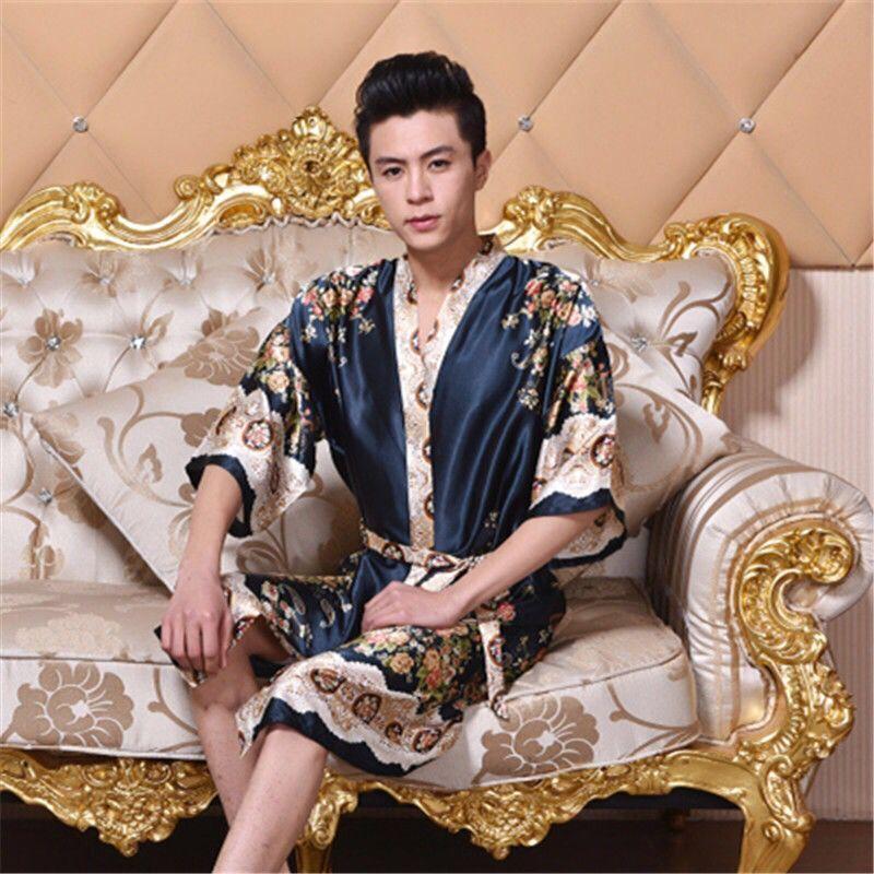 2019 New Spring Autumn Luxury Bathrobe Mens Print Plus Size Silk Satin Pajamas Kimono Summer Male Nightgown Chinese Silk Robe