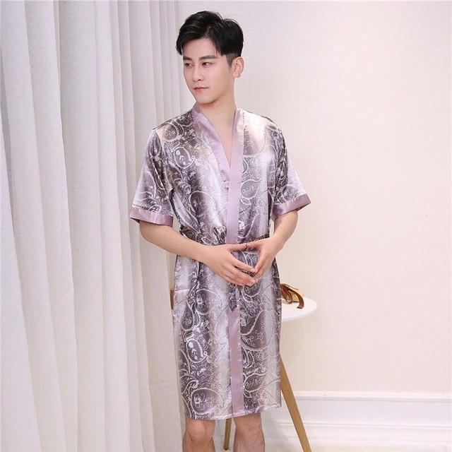 2019 New Spring Autumn Luxury Bathrobe Mens Print Plus Size Silk Satin Pajamas Kimono Summer Male Nightgown Chinese Silk Robe