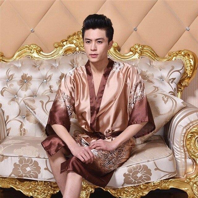 2019 New Spring Autumn Luxury Bathrobe Mens Print Plus Size Silk Satin Pajamas Kimono Summer Male Nightgown Chinese Silk Robe