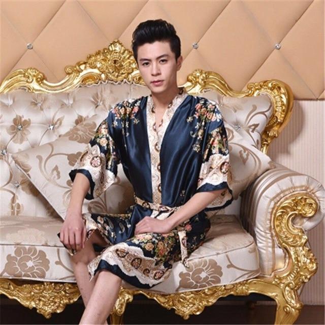 2019 New Spring Autumn Luxury Bathrobe Mens Print Plus Size Silk Satin Pajamas Kimono Summer Male Nightgown Chinese Silk Robe