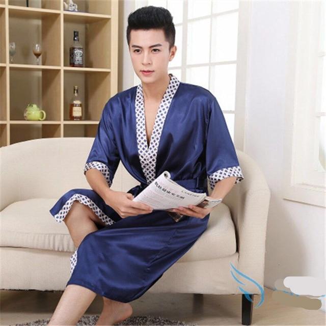 2019 New Spring Autumn Luxury Bathrobe Mens Print Plus Size Silk Satin Pajamas Kimono Summer Male Nightgown Chinese Silk Robe