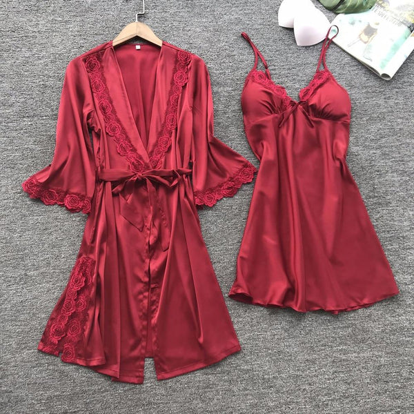 USA  Women Silk Lace Flora Robe Dress 2Pieces Sets Babydoll Nightdress Nightgown Sleepwear