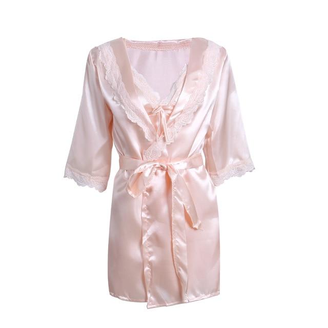 USA  Women Silk Lace Flora Robe Dress 2Pieces Sets Babydoll Nightdress Nightgown Sleepwear