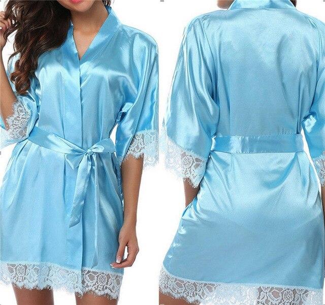 Half Sleeve Women Faux Silk Sashes Robe Nightdress Female Lace V-Neck Short Kimono Nightgown Loose Belt Bathrobe Nightwear