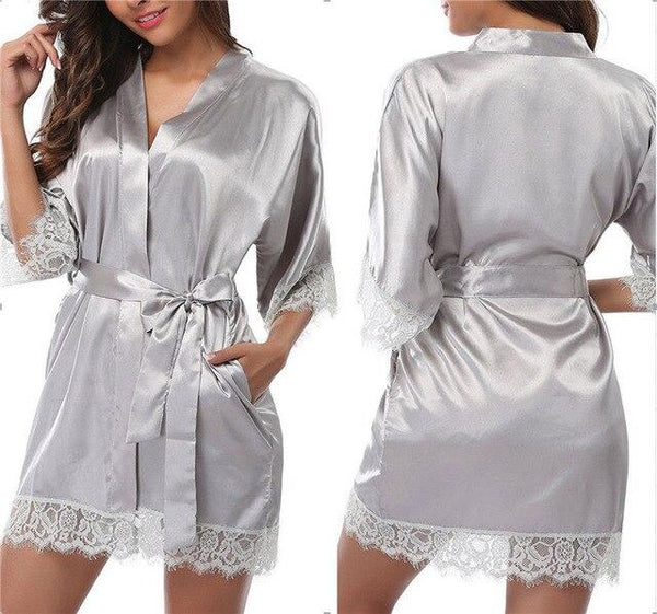 Half Sleeve Women Faux Silk Sashes Robe Nightdress Female Lace V-Neck Short Kimono Nightgown Loose Belt Bathrobe Nightwear