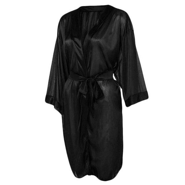 Women Sexy Translucent Sleepwear Set Faux Silk Half Sleeve Short Kimono Bath Robe Solid Color Nightgown With G-String Satin Sash