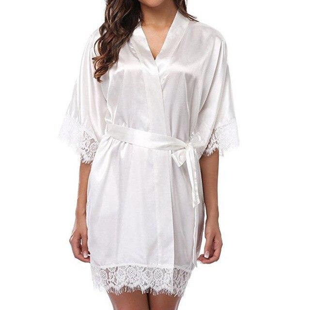 Half Sleeve Women Faux Silk Sashes Robe Nightdress Female Lace V-Neck Short Kimono Nightgown Loose Belt Bathrobe Nightwear