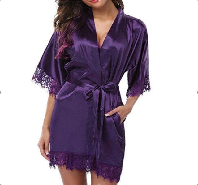 Half Sleeve Women Faux Silk Sashes Robe Nightdress Female Lace V-Neck Short Kimono Nightgown Loose Belt Bathrobe Nightwear