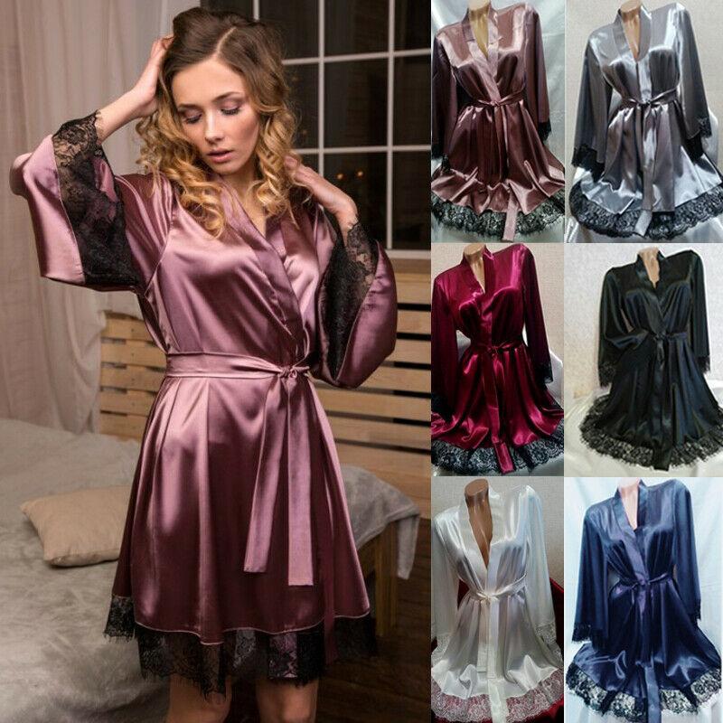 Women Satin Silk Robes Kimono Night Gown Wedding Bridesmaid Robes Female Casual Lace Bathrobe Sleepwear Nightdress Sexy Robes