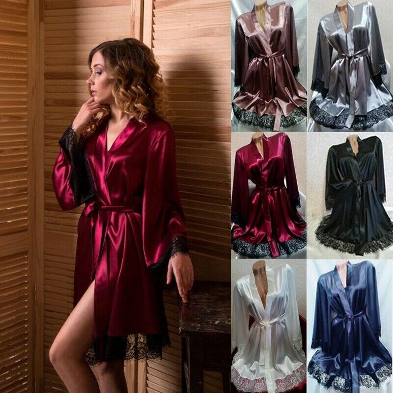 Women Satin Silk Robes Kimono Night Gown Wedding Bridesmaid Robes Female Casual Lace Bathrobe Sleepwear Nightdress Sexy Robes