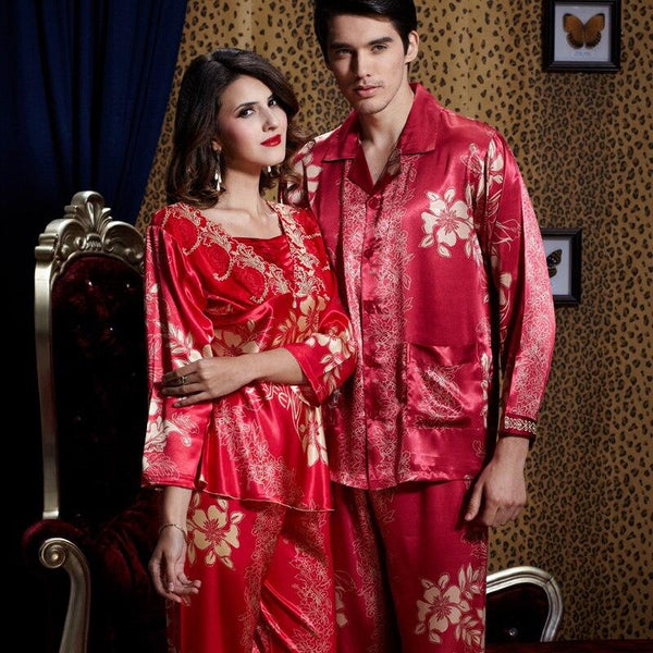Spring lovers' pajamas summer robes womens silk nightgown wedding red long sleeved home clothes men's red silk loungewear