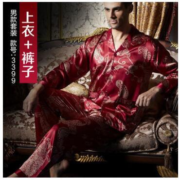 Spring lovers' pajamas summer robes womens silk nightgown wedding red long sleeved home clothes men's red silk loungewear