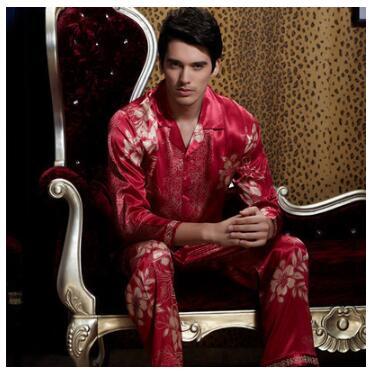 Spring lovers' pajamas summer robes womens silk nightgown wedding red long sleeved home clothes men's red silk loungewear