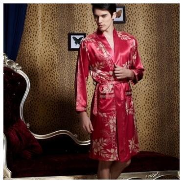 Spring lovers' pajamas summer robes womens silk nightgown wedding red long sleeved home clothes men's red silk loungewear