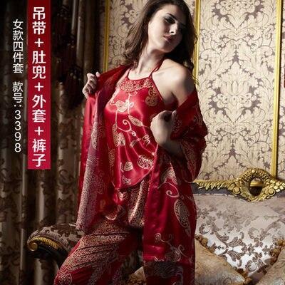 Spring lovers' pajamas summer robes womens silk nightgown wedding red long sleeved home clothes men's red silk loungewear