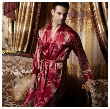 Spring lovers' pajamas summer robes womens silk nightgown wedding red long sleeved home clothes men's red silk loungewear