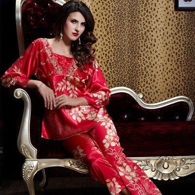Spring lovers' pajamas summer robes womens silk nightgown wedding red long sleeved home clothes men's red silk loungewear