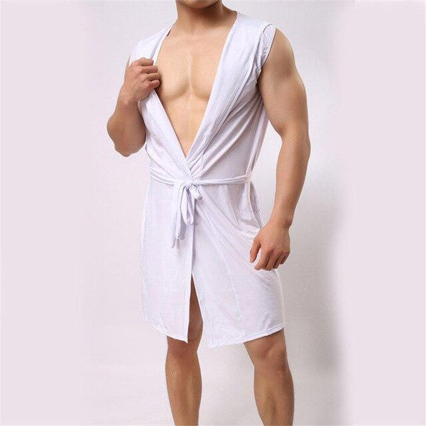 Burning Fashion Men Sexy Sleeveless Silk Gown Male Bathrobe Nightgown