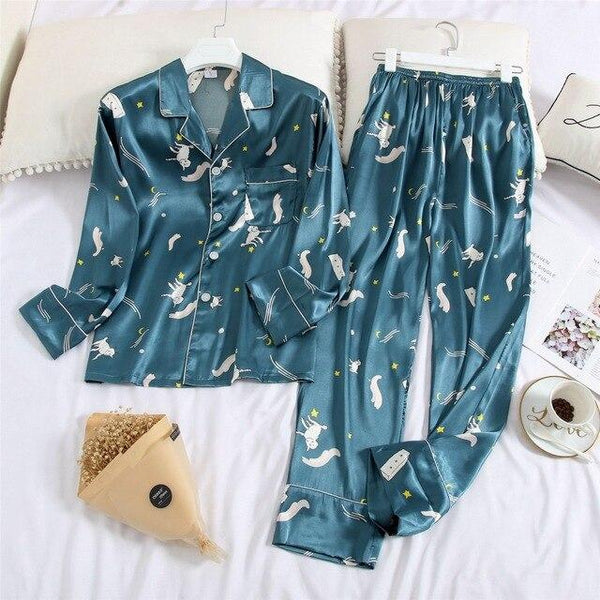 Feier 2019  Cartoon Long Sleeve Pajamas Spring Autumn Womens/men Pajama Sets V-Neck Girls Nightgown for Woman Plus