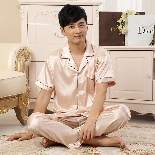 Silk Men Pyjama Set Satin Summer Men Pajama Suit Spring Short Sleeve Pajama Male Sleepwear Solid Pijama Man Nightgown Sleep XXXL