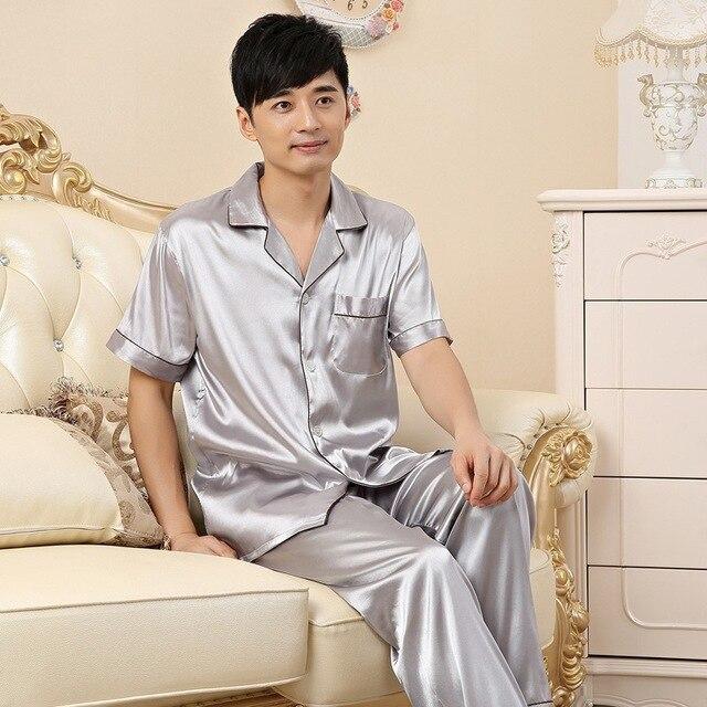 Silk Men Pyjama Set Satin Summer Men Pajama Suit Spring Short Sleeve Pajama Male Sleepwear Solid Pijama Man Nightgown Sleep XXXL