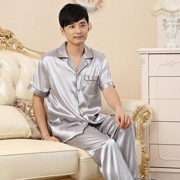 Silk Men Pyjama Set Satin Summer Men Pajama Suit Spring Short Sleeve Pajama Male Sleepwear Solid Pijama Man Nightgown Sleep XXXL