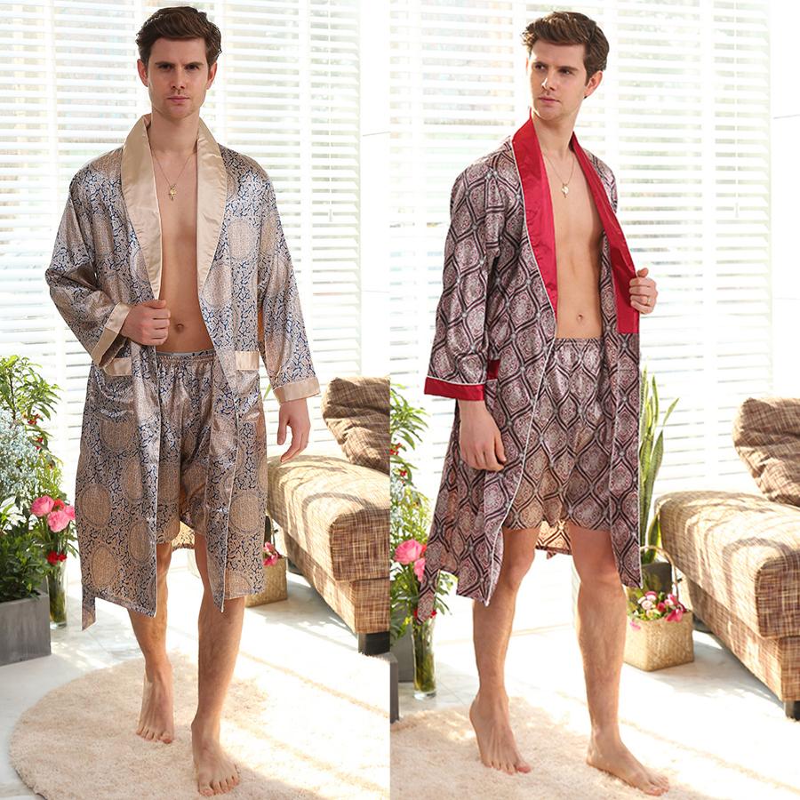Men's Silk Nightgown Shorts Two-Piece Set Summer Thin Long-Sleeve Pajamas Men's XL Bathrobe bath robe  long sleeve nightgown
