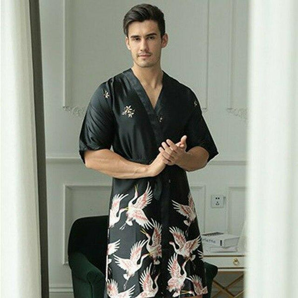 New men's nightgown summer long section printed Chinese style simulation silk nightgown Men's groom groomsmen robe sexy pajamas