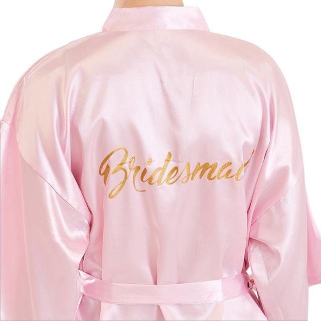 Womens Faux Silk Kimono Short Bath Robe Bride Bridesmaid Glitter Gold Letters Nightgown Belted Wedding Getting Ready Sleepwear
